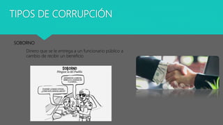 TIPOS DE CORRUPCIÓN
SOBORNO
Dinero que se le entrega a un funcionario público a
cambio de recibir un beneficio
 