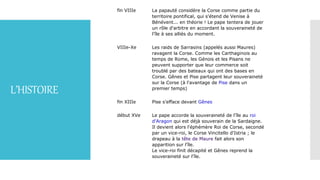 L’HISTOIRE
fin VIIIe La papauté considère la Corse comme partie du
territoire pontifical, qui s'étend de Venise à
Bénévent... en théorie ! Le pape tentera de jouer
un rôle d'arbitre en accordant la souveraineté de
l'île à ses alliés du moment.
VIIIe-Xe Les raids de Sarrasins (appelés aussi Maures)
ravagent la Corse. Comme les Carthaginois au
temps de Rome, les Génois et les Pisans ne
peuvent supporter que leur commerce soit
troublé par des bateaux qui ont des bases en
Corse. Gênes et Pise partagent leur souveraineté
sur la Corse (à l'avantage de Pise dans un
premier temps)
fin XIIIe Pise s'efface devant Gênes
début XVe Le pape accorde la souveraineté de l'île au roi
d'Aragon qui est déjà souverain de la Sardaigne.
Il devient alors l'éphémère Roi de Corse, secondé
par un vice-roi, le Corse Vincitello d'Istria ; le
drapeau à la tête de Maure fait alors son
apparition sur l'île.
Le vice-roi finit décapité et Gênes reprend la
souveraineté sur l'île.
 