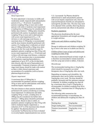 Lacosamide Tablets 50mg, 100mg, 150mg and 200mg Taj Pharma: Uses- Antiepileptics/Anticonv ulsions, Side Effects- Nausea and vomiting, Interactions, Pictures, Warnings, lacosamide Taj Pharma Dosage & Rx Info | lacosamide Taj Pharma Uses, Side Effects: Diarrhea, lacosamide Taj Pharma : Indications-To bacterial infection, Side Effects- Nausea and vomiting, Warnings, lacosamide Taj Pharma - Drug Information - Taj Pharma, lacosamide Taj Pharma dose Taj pharmaceuticals lacosamide Taj Pharma interactions, Taj Pharmaceutical lacosamide Taj Pharma contraindications, lacosamide Taj Pharma price, lacosamide Taj Pharma Taj Pharma, lacosamide Taj Pharma Tablet s 50mg, 100mg, 150mg and 200mg, SMPC- Taj Pharma Stay connected to all updated on lacosamide Taj Pharma Taj Pharmaceuticals Taj pharmaceuticals. Patient Information Leaflets, SMPC.
Renal impairment
No dose adjustment is necessary in mildly and
moderately renally impaired adult and paediatric
patients (CLCR > 30 ml/min). In paediatric
patients weighing 50 kg or more and in adult
patients with mild or moderate renal impairment
a loading dose of 200mg may be considered, but
further dose titration (> 200mg daily) should be
performed with caution. In paediatric patients
weighing 50 kg or more and in adult patients
with severe renal impairment (CLCR ≤ 30
ml/min) or with end-stage renal disease, a
maximum dose of 250mg/day is recommended
and the dose titration should be performed with
caution. If a loading dose is indicated, an initial
dose of 100mg followed by a 50mg twice daily
regimen for the first week should be used. In
paediatric patients weighing less than 50 kg with
severe renal impairment (CLCR ≤ 30 ml/min) and
in those with end-stage renal disease, a reduction
of 25 % of the maximum dose is recommended.
For all patients requiring haemodialysis a
supplement of up to 50 % of the divided daily
dose directly after the end of haemodialysis is
recommended. Treatment of patients with end-
stage renal disease should be made with caution
as there is little clinical experience and
accumulation of a metabolite (with no known
pharmacological activity).
Hepatic impairment
A maximum dose of 300mg/day is
recommended for paediatric patients weighing
50 kg or more and for adult patients with mild to
moderate hepatic impairment.
The dose titration in these patients should be
performed with caution considering co-existing
renal impairment. In adolescents and adults
weighing 50 kg or more, a loading dose of
200mg may be considered, but further dose
titration (> 200mg daily) should be performed
with caution. Based on data in adults, in
paediatric patients weighing less than 50 kg with
mild to moderate hepatic impairment, a
reduction of 25 % of the maximum dose should
be applied. The pharmacokinetics of
Lacosamide Taj Pharma has not been evaluated
in severely hepatic impaired patients (see section
5.2). Lacosamide Taj Pharma should be
administered to adult and paediatric patients
with severe hepatic impairment only when the
expected therapeutic benefits are anticipated to
outweigh the possible risks. The dose may need
to be adjusted while carefully observing disease
activity and potential side effects in the patient.
Paediatric population
The physician should prescribe the most
appropriate formulation and strength according
to weight and dose.
Adolescents and children weighing 50 kg or
more
Dosage in adolescents and children weighing 50
kg or more is the same as in adults (see above).
Children (from 4 years of age) and adolescents
weighing less than 50 kg
The dose is determined based on body weight. It
is therefore recommended to initiate treatment
with the syrup and switch to tablets, if desired.
Monotherapy
The recommended starting dose is 2mg/kg/day
which should be increased to an initial
therapeutic dose of 4mg/kg/day after one week.
Depending on response and tolerability, the
maintenance dose can be further increased by
2mg/kg/day every week. The dose should be
gradually increased until the optimum response
is obtained. In children weighing less than 40
kg, a maximum dose of up to 12mg/kg/day is
recommended. In children weighing from 40 to
under 50 kg, a maximum dose of 10mg/kg/day is
recommended.
The following table summarises the
recommended posology in monotherapy for
children and adolescents weighing less than 50
kg.
Starting dose 2mg/kg/day
Single loading dose Not recommended
Titration (incremental
steps)
2mg/kg/day every
week
 