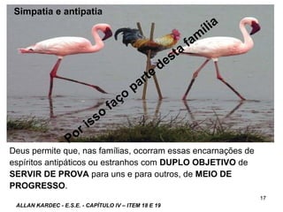 ALLAN KARDEC - E.S.E. - CAPÍTULO IV – ITEM 18 E 19
17
Simpatia e antipatia
Deus permite que, nas famílias, ocorram essas encarnações de
espíritos antipáticos ou estranhos com DUPLO OBJETIVO de
SERVIR DE PROVA para uns e para outros, de MEIO DE
PROGRESSO.
Por isso
faço
parte
desta
fam
ília
 