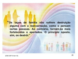 “Os laços de família não sofrem destruição
alguma com a reencarnação, como o pensam
certas pessoas. Ao contrário, tornam-se mais
fortalecidos e apertados. O princípio oposto,
sim, os destrói.”
20(ESE-CAP IV item 18)
 