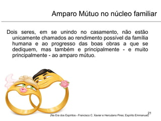 Amparo Mútuo no núcleo familiar
Dois seres, em se unindo no casamento, não estão
unicamente chamados ao rendimento possível da família
humana e ao progresso das boas obras a que se
dediquem, mas também e principalmente - e muito
principalmente - ao amparo mútuo.
21
(Na Era dos Espíritos - Francisco C. Xavier e Herculano Pires; Espírito Emmanuel)
 