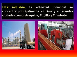 La industria, La actividad industrial se 
concentra principalmente en Lima y en grandes 
ciudades como: Arequipa, Trujillo y Chimbote. 
