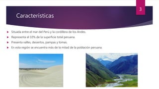 Características
 Situada entre el mar del Perú y la cordillera de los Andes.
 Representa el 10% de la superficie total peruana.
 Presenta valles, desiertos, pampas y lomas.
 En esta región se encuentra más de la mitad de la población peruana.
3
 