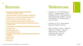 +
Sources: References:
n  lacoste.com/library/contents/press/pdf/
LACOSTE_presskit_en.pdf
n  group.hugoboss.com/en/corporate_profile.htm
n  global.tommy.com/int/en/about/overview/14
n  adbrands.net/us/tommyhilfiger_us.htm
n  group.hugoboss.com/en/brand_profiles.htm
n  businesstoday.intoday.in/story/innovation-burberry/
1/20187.html
n  sites.google.com/site/lacosteproject/strategic-analysis
n  burberry.com
n  global.lacoste.com/
n  www.ralphlauren.com
n  brandlacoste.wordpress.com/2012/01/30/competitor-
analysis
n  twitter.com
n  adroll.com
n  layar.com
1.  Sorescu, A., R.T. Frambach, J.
Singh, A. Rangaswamy and C.
Bridges (2011), “Innovations in
Retail Business Models”, Journal
of Retailing, 87 Supplement 1,
July, S3-S16	
2.  Sorescu A. et al, “New Retail
Business Model” (2011);
3.  Mary Jo Bitner, Amy L. Ostrom,
Felicia N. Morgan, “Service
Blueprinting: A Practical
Technique For Service
Innovation” (2008);
24/09/14University of Groningen, Retail Marketing, Tutorial Group 3B4
27
 