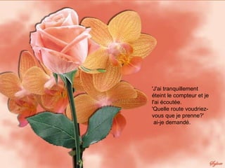 'J'ai tranquillement éteint le compteur et je l'ai écoutée. 'Quelle route voudriez-vous que je prenne?'  ai-je demandé. 