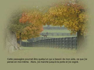 Cette passagère pourrait être quelqu'un qui a besoin de mon aide, ce que j'ai pensé en moi-même.  Alors, j'ai marché jusqu'à la porte et j'ai cogné.    