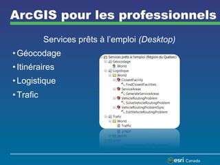 ArcGIS pour les professionnels
Services prêts à l’emploi (Desktop)
• Géocodage
• Itinéraires
• Logistique
• Trafic

 