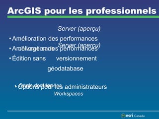 ArcGIS pour les professionnels
Server (aperçu)
• Amélioration des performances
Server (aperçu)
• Archivage sans
• Amélioration des performances
• Édition sans

versionnement
géodatabase

•  Copie sont les les
Quels de données
• Options pour

administrateurs

Workspaces

 