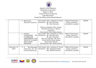 Republic of the Philippines
Department of Education
Region V ( Bicol)
Schools Division of Ligao City
Ligao West District
Pandan Elementary School-Macael Extension
Pandan Elementary School-Macael Extension 231007@deped.gov.ph Sitio Macael, Pandan Ligao City
 Motivating
Reluctant Learners
LAC Leader: Mrs. Jackielou P. Prena
Facilitator: Mr. Edu Barunda
Mr. Kim Osurman
Resource Speaker: Mrs. Athena
Buenafe/ Teacher I, Macael
Extension
Documenter: Mrs. Roda Llarena
Slides Presentation,
laptop, projector,
microphone, speaker
MOOE
 POLICY
GUIDELINES ON
CLASSROOM
ASSESSMENT FOR
THE K TO 12 BASIC
EDUCATION
PROGRAM
LAC Leader: Mrs. Jackielou P. Prena
Facilitator: Mr. Edu Barunda
Mr. Kim Osurman
Resource Speaker: Mr. Rene
Prena/School Head, Basag
Elementary School
Documenter: Mrs. Roda Llarena
Slides Presentation,
laptop, projector,
microphone, speaker
MOOE
December 15,
2023
 A Well-Managed
Classroom for 21st
Century Educators
LAC Leader: Mrs. Jackielou P. Prena
Facilitator: Mrs. Stephanie Relao
Mrs. Mildred Llarena
Slides Presentation,
laptop, projector,
microphone, speaker
MOOE
 
