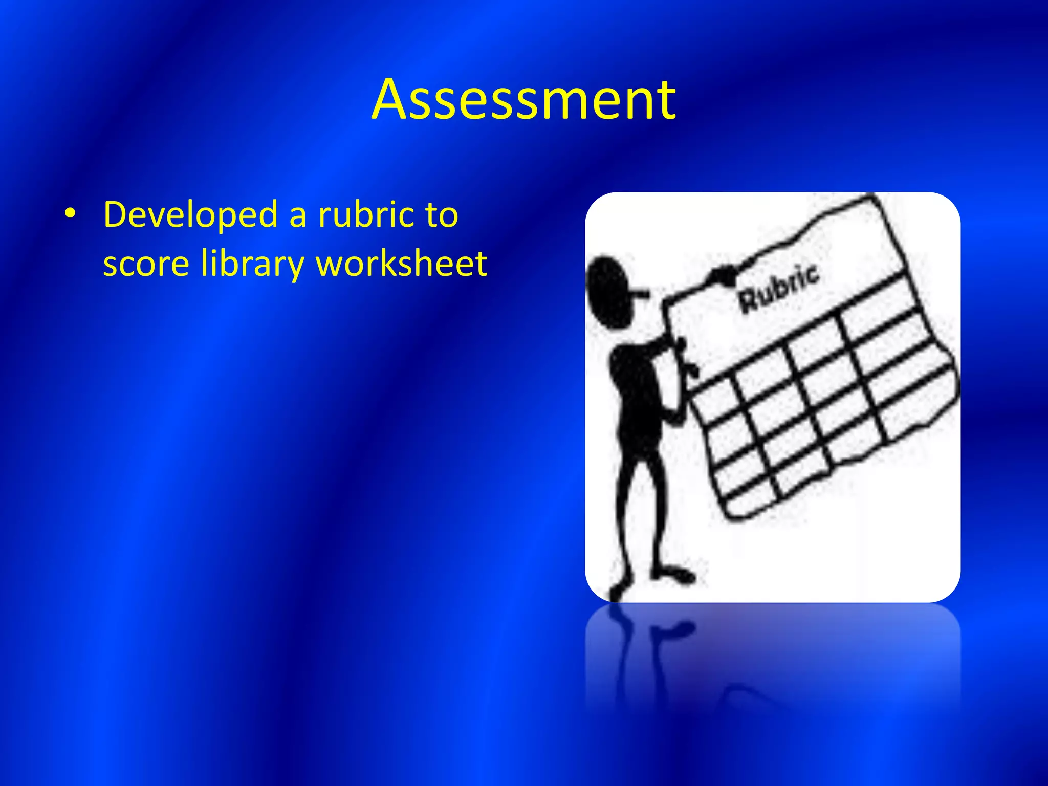 Assessment
• Developed a rubric to
score library worksheet
 