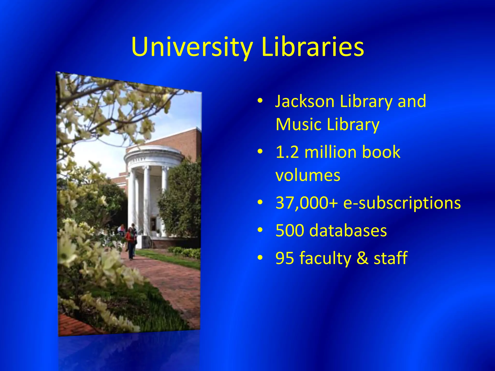 University Libraries
• Jackson Library and
Music Library
• 1.2 million book
volumes
• 37,000+ e-subscriptions
• 500 databases
• 95 faculty & staff
 