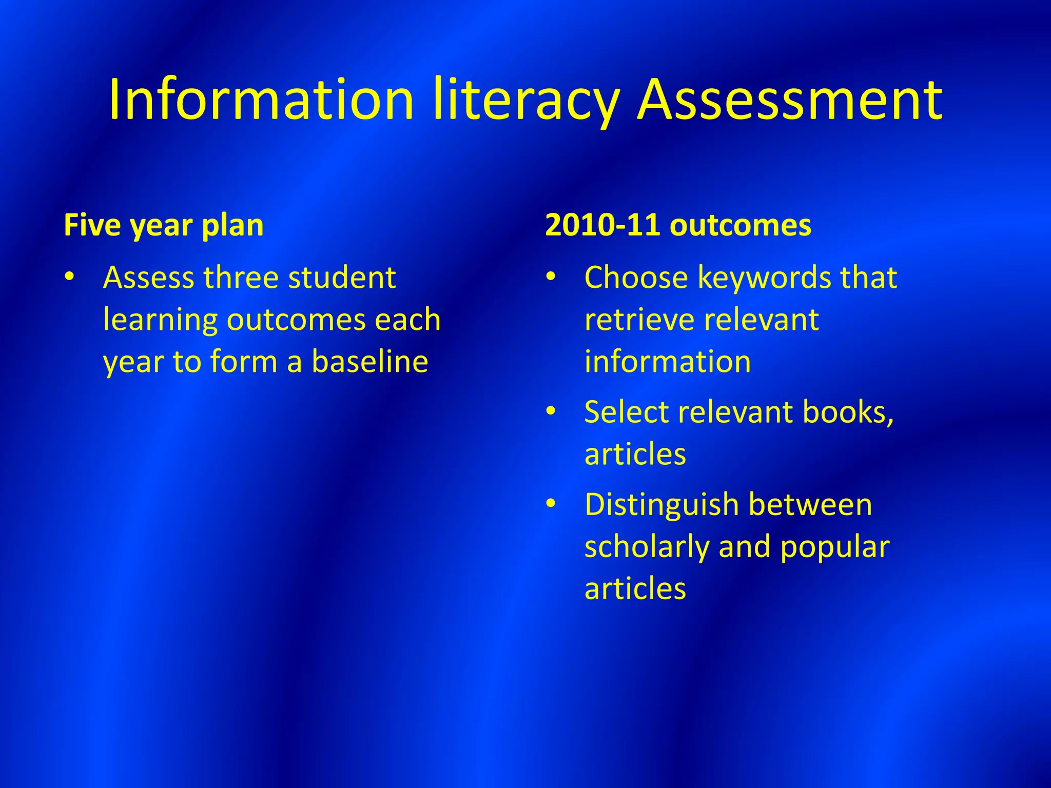 Information literacy Assessment
Five year plan
• Assess three student
learning outcomes each
year to form a baseline
• Choose keywords that
retrieve relevant
information
• Select relevant books,
articles
• Distinguish between
scholarly and popular
articles
2010-11 outcomes
 