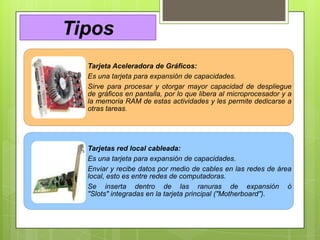 Tipos
Tarjeta Aceleradora de Gráficos:
Es una tarjeta para expansión de capacidades.
Sirve para procesar y otorgar mayor capacidad de despliegue
de gráficos en pantalla, por lo que libera al microprocesador y a
la memoria RAM de estas actividades y les permite dedicarse a
otras tareas.

Tarjetas red local cableada:
Es una tarjeta para expansión de capacidades.
Enviar y recibe datos por medio de cables en las redes de área
local, esto es entre redes de computadoras.
Se inserta dentro de las ranuras de expansión ó
"Slots" integradas en la tarjeta principal ("Motherboard").

 