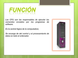 Las CPU son las responsables de ejecutar los
comandos enviados por los programas de
software.
Es la central lógica de la computadora.
Se encarga de del control y el procesamiento de
datos en todo el ordenador.

 