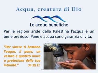 prof. Vincenzo Cremone
Le acque benefiche
Per le regioni aride della Palestina l’acqua è un
bene prezioso. Pane e acqua sono garanzia di vita.
“Per vivere ti bastano
l'acqua, il pane, un
vestito e quattro mura
a protezione della tua
intimità.” Sir 29,21
 
