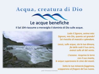 prof. Vincenzo Cremone
Le acque benefiche
Il Sal 104 riassume a meraviglia il dominio di Dio sulle acque.
Loda il Signore, anima mia:
Signore, mio Dio, quanto sei grande!
Sei rivestito di maestà e splendore.
Lassù, sulle acque, sta la tua dimora,
fai delle nubi il tuo carro,
avanzi sulle ali del vento.
L'oceano ricopriva la terra
con il suo manto,
le acque superavano le cime dei monti.
Sotto la tua minaccia fuggirono,
scapparono al fragore del tuo tuono.
 