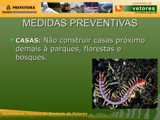 ccvvs@rio.rj.gov.br
Tel: (21) 2589-2338 consultecccvvs@rio.rj.gov.br
Consultoria Técnica do Controle de Vetores
MEDIDAS PREVENTIVASMEDIDAS PREVENTIVAS
 CASAS:CASAS: Não construir casas próximoNão construir casas próximo
demais à parques, florestas edemais à parques, florestas e
bosques.bosques.
 