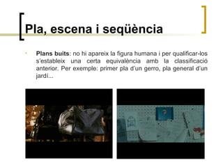 Pla, escena i seqüència
• Plans buits: no hi apareix la figura humana i per qualificar-los
s’estableix una certa equivalència amb la classificació
anterior. Per exemple: primer pla d’un gerro, pla general d’un
jardí...
 
