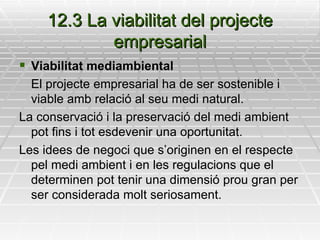 12.3 La viabilitat del projecte empresarial Viabilitat mediambiental El projecte empresarial ha de ser sostenible i viable amb relació al seu medi natural. La conservació i la preservació del medi ambient pot fins i tot esdevenir una oportunitat. Les idees de negoci que s’originen en el respecte pel medi ambient i en les regulacions que el determinen pot tenir una dimensió prou gran per ser considerada molt seriosament. 