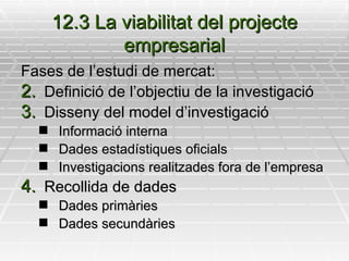 12.3 La viabilitat del projecte empresarial Fases de l’estudi de mercat: Definició de l’objectiu de la investigació Disseny del model d’investigació Informació interna  Dades estadístiques oficials Investigacions realitzades fora de l’empresa Recollida de dades Dades primàries Dades secundàries 