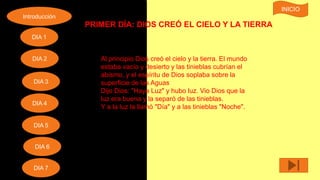 PRIMER DÍA: DIOS CREÓ EL CIELO Y LA TIERRA
Al principio Dios creó el cielo y la tierra. El mundo
estaba vacío y desierto y las tinieblas cubrían el
abismo, y el espíritu de Dios soplaba sobre la
superficie de las Aguas
Dijo Dios: "Haya Luz" y hubo luz. Vio Dios que la
luz era buena y la separó de las tinieblas.
Y a la luz la llamó "Día" y a las tinieblas "Noche".
Introducción
DIA 7
DIA 6
DIA 1
DIA 2
DIA 5
DIA 4
DIA 3
INICIO
 