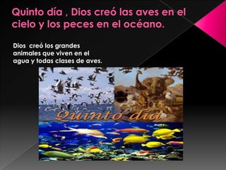 Dios creó los grandes
animales que viven en el
agua y todas clases de aves.
 