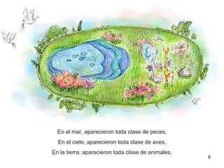 8
En el mar, aparecieron toda clase de peces,
En el cielo, aparecieron toda clase de aves,
En la tierra, aparecieron toda clase de animales.
 