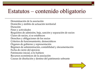 Estatutos – contenido obligatorio
- Denominación de la asociación
- Domicilio y ámbito de actuación territorial
- Duración
- Fines y actividades
- Requisitos de admisión, baja, sanción y separación de socios
- Clases de socios, si se establecen
- Derechos y obligaciones de los socios
- Criterios de funcionamiento, democráticos
- Órganos de gobierno y representación
- Régimen de administración, contabilidad y documentación
- Fecha de cierre del ejercicio
- Patrimonio inicial, si lo hubiere
- Recursos económicos de la asociación
- Causas de disolución y destino del patrimonio sobrante
 