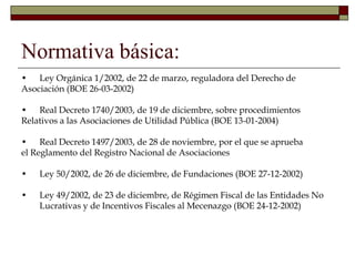 Normativa básica:
• Ley Orgánica 1/2002, de 22 de marzo, reguladora del Derecho de
Asociación (BOE 26-03-2002)
• Real Decreto 1740/2003, de 19 de diciembre, sobre procedimientos
Relativos a las Asociaciones de Utilidad Pública (BOE 13-01-2004)
• Real Decreto 1497/2003, de 28 de noviembre, por el que se aprueba
el Reglamento del Registro Nacional de Asociaciones
• Ley 50/2002, de 26 de diciembre, de Fundaciones (BOE 27-12-2002)
• Ley 49/2002, de 23 de diciembre, de Régimen Fiscal de las Entidades No
Lucrativas y de Incentivos Fiscales al Mecenazgo (BOE 24-12-2002)
 