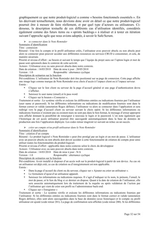 Page 32 sur 54
graphiquement ce que notre produit-logiciel a comme « besoins fonctionnels essentiels ». En
les décrivant textuellement, nous devrions donc avoir en détail ce que notre produit-logiciel
pourrait être à mesure de faire réellement, et par quel type d’acteurs ou utilisateurs. Ci-
dessous, la description textuelle de ces différents cas d’utilisation identifiés, considérés
également comme des futurs items ou « sprints backlogs » à réaliser et à tester en itération
suivant l’approche agile que nous avions adoptée, à savoir le Safe/Scrum.
Ø se connecter dans le Note Reminder
Sommaire d’identification
Titre : connexion
Résumé : Une fois le compte et le profil utilisateur créés, l’utilisateur avec pouvoir absolu ou non absolu peut
alors se connecter pour pouvoir accéder aux différentes ressources ou services CRUD à consommer, et cela, de
manière sécurisée.
Priorité et niveau d’effort : au besoin et suivant le temps que l’équipe du projet aura car l’option login et mot de
passe sont optionnels dans le contexte de cette activité.
Acteurs : Utilisateur avec ou sans pouvoir absolu dans notre contexte.
Date de création : 14/03/2018 Date de mise à jour : 20/05/2018
Version : 1.0 Responsable : alternance cyclique
Description de scénarios sur la fonction
Pré-conditions: L’utilisateur de Note Reminder doit être positionné sur sa page de connexion. Cette page affiche
une image logo comme marque de Note Reminder avec choix d’accès à l’espace client ou à l’espace serveur.
Entrée :
• Cliquez sur le lien client ou serveur de la page d’accueil général et une page d’authentication devra
s’afficher.
• Saisissez le user name (email) et le pass word
• Cliquez sur le bouton « Connecter ».
Traitement et sortie : Le système vérifie et exécute les différentes entrées ou indications fournies par l’utilisateur
(user name et password). Si les différentes informations ou indications de modification fournies sont dans le
format correct et valide (annotation Regex définie), l’utilisateur va alors se connecter dans l’application et sera
redirigé vers la page d’accueil client ou serveur suivant le choix opéré. Si les différentes informations ou
indications fournies n’existent pas ou existent mais ne sont pas dans le bon format, le message d’erreur approprié
sera affiché donnant la possibilité de renseigner à nouveau le login et le password. L’on note également que
l’historique de cet accès utilisateur pourrait être sauvegardé automatiquement dans la base de données de
production une fois l’application déployée. Les codes retour réagiront ici suivant un échec ou un succès.
Ø créer un compte et/ou profil utilisateur dans le Note Reminder
Sommaire d’identification
Titre : création d’un compte
Résumé : Le produit logiciel « Note Reminder » peut être protégé par un login et un mot de passe. L’utilisateur
avec un pouvoir absolu ou non absolu doit devoir accéder à cette fonctionnalité de création de compte pour ainsi
utiliser toutes les fonctionnalités du produit-logiciel.
Priorité et niveau d’effort : applicable dans notre contexte selon le choix du développeur
Acteurs : Utilisateur avec ou sans pouvoir absolu dans notre contexte.
Date de création : 14/03/2018 Date de mise à jour : N/A
Version : 1.0 Responsable : alternance cyclique
Description de scénarios sur la fonction
Pré-conditions: Avoir installé et disposer d’un accès web sur le produit-logiciel à partir de son device. Au cas où
un utilisateur est déjà créé, ce cas de création ou d’enregistrement est non applicable.
Entrée :
• Dans la page d’accueil du client ou du serveur, cliquez sur « Ajouter ou créer un utilisateur ».
• Le formulaire d’ajout d’un utilisateur apparaît.
• Saisissez les informations ou indications requises. Il s’agit d’indiquer ici le nom, le prénom, l’email, le
mot de passe, et le lien du blog si ce dernier en dispose. Quant à la date de création de l’utilisateur, elle
sera associée automatiquement lors du traitement de la requête ou après validation de l’action par
l’utilisateur qui vient de créer son profil ou l’administrateur back-end.
• Cliquez sur « Enregistrer »
Traitement et sortie : Le système vérifie et exécute les différentes informations ou indications fournies par
l’utilisateur. Si les différentes entrées ou indications fournies sont dans le format correct et valide (annotation
Regex définie), elles sont alors sauvegardées dans la base de données (avec historique) et le compte ou profil
utilisateur est ajouté (code retour 201). La page de confirmation sera affichée (code retour 200). Si les différentes
 