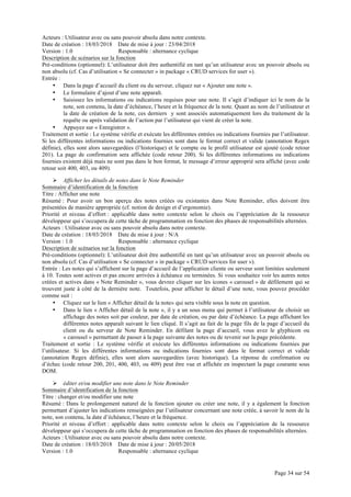 Page 34 sur 54
Acteurs : Utilisateur avec ou sans pouvoir absolu dans notre contexte.
Date de création : 18/03/2018 Date de mise à jour : 23/04/2018
Version : 1.0 Responsable : alternance cyclique
Description de scénarios sur la fonction
Pré-conditions (optionnel): L’utilisateur doit être authentifié en tant qu’un utilisateur avec un pouvoir absolu ou
non absolu (cf. Cas d’utilisation « Se connecter » in package « CRUD services for user »).
Entrée :
• Dans la page d’accueil du client ou du serveur, cliquez sur « Ajouter une note ».
• Le formulaire d’ajout d’une note apparaît.
• Saisissez les informations ou indications requises pour une note. Il s’agit d’indiquer ici le nom de la
note, son contenu, la date d’échéance, l’heure et la fréquence de la note. Quant au nom de l’utilisateur et
la date de création de la note, ces derniers y sont associés automatiquement lors du traitement de la
requête ou après validation de l’action par l’utilisateur qui vient de créer la note.
• Appuyez sur « Enregistrer ».
Traitement et sortie : Le système vérifie et exécute les différentes entrées ou indications fournies par l’utilisateur.
Si les différentes informations ou indications fournies sont dans le format correct et valide (annotation Regex
définie), elles sont alors sauvegardées (l’historique) et le compte ou le profil utilisateur est ajouté (code retour
201). La page de confirmation sera affichée (code retour 200). Si les différentes informations ou indications
fournies existent déjà mais ne sont pas dans le bon format, le message d’erreur approprié sera affiché (avec code
retour soit 400, 403, ou 409).
Ø Afficher les détails de notes dans le Note Reminder
Sommaire d’identification de la fonction
Titre : Afficher une note
Résumé : Pour avoir un bon aperçu des notes créées ou existantes dans Note Reminder, elles doivent être
présentées de manière appropriée (cf. notion de design et d’ergonomie).
Priorité et niveau d’effort : applicable dans notre contexte selon le choix ou l’appréciation de la ressource
développeur qui s’occupera de cette tâche de programmation en fonction des phases de responsabilités alternées.
Acteurs : Utilisateur avec ou sans pouvoir absolu dans notre contexte.
Date de création : 18/03/2018 Date de mise à jour : N/A
Version : 1.0 Responsable : alternance cyclique
Description de scénarios sur la fonction
Pré-conditions (optionnel): L’utilisateur doit être authentifié en tant qu’un utilisateur avec un pouvoir absolu ou
non absolu (cf. Cas d’utilisation « Se connecter » in package « CRUD services for user »).
Entrée : Les notes qui s’affichent sur la page d’accueil de l’application cliente ou serveur sont limitées seulement
à 10. Toutes sont actives et pas encore arrivées à échéance ou terminées. Si vous souhaitez voir les autres notes
créées et actives dans « Note Reminder », vous devrez cliquer sur les icones « carousel » de défilement qui se
trouvent juste à côté de la dernière note. Toutefois, pour afficher le détail d’une note, vous pouvez procéder
comme suit :
• Cliquez sur le lien « Afficher détail de la note» qui sera visible sous la note en question.
• Dans le lien « Afficher détail de la note », il y a un sous menu qui permet à l’utilisateur de choisir un
affichage des notes soit par couleur, par date de création, ou par date d’échéance. La page affichant les
différentes notes apparaît suivant le lien cliqué. Il s’agit au fait de la page fils de la page d’accueil du
client ou du serveur de Note Reminder. En défilant la page d’accueil, vous avez le glyphicon ou
« carousel » permettant de passer à la page suivante des notes ou de revenir sur la page précédente.
Traitement et sortie : Le système vérifie et exécute les différentes informations ou indications fournies par
l’utilisateur. Si les différentes informations ou indications fournies sont dans le format correct et valide
(annotation Regex définie), elles sont alors sauvegardées (avec historique). La réponse de confirmation ou
d’échec (code retour 200, 201, 400, 403, ou 409) peut être vue et affichée en inspectant la page courante sous
DOM.
Ø éditer et/ou modifier une note dans le Note Reminder
Sommaire d’identification de la fonction
Titre : changer et/ou modifier une note
Résumé : Dans le prolongement naturel de la fonction ajouter ou créer une note, il y a également la fonction
permettant d’ajuster les indications renseignées par l’utilisateur concernant une note créée, à savoir le nom de la
note, son contenu, la date d’échéance, l’heure et la fréquence.
Priorité et niveau d’effort : applicable dans notre contexte selon le choix ou l’appréciation de la ressource
développeur qui s’occupera de cette tâche de programmation en fonction des phases de responsabilités alternées.
Acteurs : Utilisateur avec ou sans pouvoir absolu dans notre contexte.
Date de création : 18/03/2018 Date de mise à jour : 20/05/2018
Version : 1.0 Responsable : alternance cyclique
 