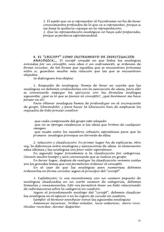 1. El sujeto que va a representar el Psicodrama no ha de tener
            conocimientos profundos de lo que va a representar, porque si
            así fuese le quitaría riqueza en la representación.
            2. Que la representación analógica no haya sido preparada,
            porque se perdería espontaneidad.




      6. EL “CRIC EP T” COMO INSTRUM ENTO DE INVESTI G AC I ÓN
      ANALÓG I C A :   El circept consiste en que todas las analogías
evocadas por un concepto, una idea o un instrumento, se ordenan de
forma circular, de tal forma que aquellas que se encuentran próximas
entre sí, guardan mucha más relación que las que se encuentran
alejadas.
      Se distinguen tres etapas:

      1. Búsqueda de analogías: Hemos de tener en cuenta que las
analogías no debemos confundirlas con la asociación de ideas, para ello
es conveniente empezar los ejercicios con las fórmulas análogas
siguientes: ¿qué es lo que se parece al concepto?, ¿qué fenómeno me hace
pensar en él?.
      Para obtener analogías hemos de profundizar en el inconsciente
de grupo, liberándolo, y para hacer la liberación han de ampliarse los
requisitos de todo proceso creativo:


      -que cada componente del grupo esté relajado
      -que no se oponga resistencia a las ideas que brotan de cualquier
      imagen
      -que exista entre los miembros cohesión espontánea para que la
      primera analogía provoque un torrente de ellas.

       2. Selección y clasificación: En primer lugar ha de explicarse, otra
vez, la diferencia entre analogías y asociaciones de ideas. Se eliminarán
estas últimas y las analogías con poco valor espontáneo.
       En segundo lugar procedemos a la clasificación por categorías.
Llevará mucho tiempo y será conveniente que se realice en grupo.
       En tercer lugar, después de realizar la clasificación veremos cuáles
son los grandes temas que nos permitirán ordenar el concepto.
       En el caso de que las analogías sean numerosas debemos
ordenarlas en forma circular según el principio del “circept”.

      3. Explotación: Si nos encontramos con un número pequeño de
analogías clasificadas en un cierto número de categorías, debemos
tomarlas y reexaminarlas. Esto nos permitirá tener un todo relacionado
de informaciones sobre la categoría en cuestión.
      Según el procedimiento análogo del “circept”, debemos clasificar
las analogías en el espacio o en la región de círculo en cuestión.
      Ejemplo: el término anochecer evoca las siguientes analogías:
      Amanecer-oscurecer, brillar-enlutar, lucir-enfurecer, morir-vivir,
olvidar-recordar, dormir-despertar.



                                                                         16
 
