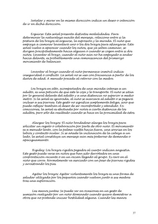Señalar y mirar en la misma dirección indica un deseo o intención
de ir en dicha dirección.


     Erguirse: Esta señal presenta distintas modalidades. Para
determinar la naturaleza exacta del mensaje, relacione entre sí la
postura de los brazos al erguirse, la expresión y la mirada. El niño que
empieza a caminar levantará uno o los dos brazos para afianzarse. Esta
señal vuelve a aparecer cuando los niños, que ya saben caminar, se
dirigen precipitadamente hacia alguien o cuando se cogen entre sí dos
niños. Levantar el brazo, cuando el niño aún no ha empezado a andar
hacia delante, es probablemente una reminiscencia del primerizo
movimiento de balanceo.


     Levantar el brazo cuando el niño permanece inmóvil indica
inseguridad o conflicto. La señal no se usa con frecuencia a partir de los
daños de edad. A menudo precede al retorno con la madre.


      Los brazos en alto, acompañados de una mirada intensa a un
adulto, es una petición de que éste le coja y le transporte. El niño se sitúa
por lo general delante del adulto y a una distancia no superior a medio
metro. Si la señal es ignorada, el niño se acercará al adulto o se pegará
incluso a sus piernas. Este gesto no significa simplemente fatiga, sino que
puede reflejar también el deseo de ser reconfortado y atendido. En
coacciones, la señal es efectuada por niños a cierta distancia de los
adultos, pero sólo da resultado cuando se hace en la proximidad de éstos.


       Alargar los brazos: El niño bondadoso alarga los brazos para
solicitar un regalo o colaboración por parte de otro niño. El movimiento
es a menudo lento, con la palma vuelta hacia fuera, una sonrisa en los
labios y contacto ocular. Si se añade la inclinación de la cabeza a un
lado, la señal constituya un mensaje aún más poderoso de demanda o
apaciguamiento.


       Rigidez: Los brazos rígidos pegados al cuerpo indican angustia.
Este gesto puede verse en niños que han sido derrotados en una
confrontación reciente o en un recién llegado al grupo. Es raro en el
niño que corre. Normalmente va asociado con un paso de piernas rígidas
y arrastrando los pies.


      Agitar los brazos: Agitar violentamente los brazos es una forma de
saludar utilizada por los pequeños cuando vuelven junto a sus madres
tras una exploración.


       Las manos juntas: Se puede ver en ocasiones en un gesto de
sumisión realizado por un niño dominado cuando quiere demostrar a
otros que no pretende iniciar hostilidad alguna. Cuando las manos




                                                                           37
 