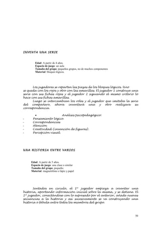 INVENTA UNA SERI E


        Edad: A partir de 4 años.
        Espacio de juego: un aula
        Tamaño del grupo: pequeños grupos, no de muchos componentes
        Material: bloques lógicos.




       Los jugadores se reparten las piezas de los bloques lógicos. Uno
se queda con los rojos y otro con las amarillas. El jugador 1 construye una
serie con sus fichas rojas y el jugador 2 siguiendo el mismo criterio lo
hace con sus fichas amarillas.
       Luego se intercambian los roles y el jugador que imitaba la serie
del   compañero,     ahora     inventará    una     y  otro   realizara   su
correspondencia.

       •                 Análisis psicopedagógico:
-     Pensamiento lógico.
-     Correspondencias
-     Atención
-     Creatividad (invención de figuras).
-     Percepción visual.




UNA HI STORI A ENTRE VARI OS



     Edad: A partir de 5 años.
     Espacio de juego: una clase o similar
     Tamaño del grupo: pequeño.
     Material: magnetófono o lápiz y papel




       Sentados en circulo, el 1er jugador empieza a inventar una
historia, aportando información inicial sobre la misma, y se detiene. El
2º jugador, conectándose con lo expresado por el anterior, añade nuevas
secuencias a la historia y así sucesivamente se va construyendo una
historia o fábula entre todos los miembros del grupo.



                                                                          50
 