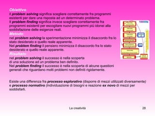 Obiettivo :   il  problem solving  significa scegliere correttamente fra programmi  esistenti per dare una risposta ad un determinato problema.  Il  problem finding  significa invece scegliere correttamente fra  programmi esistenti per escogitare nuovi programmi più idonei alla  soddisfazione delle esigenze reali. Metodo : nel  problem solving  la sperimentazione minimizza il disaccordo fra lo  stato desiderato e quello reale apparente.  Nel  problem finding  il pensiero minimizza il disaccordo fra lo stato  desiderato e quello reale apparente. Risultato : nel  problem solving  il successo è nella scoperta  di una soluzione ad un problema ben definito. Nel  problem finding  il successo è nella scoperta di alcune questioni  generali che riguardano molti problemi non definiti rigidamente. Esiste una differenza fra  processo esplorativo  ( disporre di mezzi utilizzati diversamente )  e   processo normativo  ( individuazione di bisogni e reazione  ex novo  di mezzi per  soddisfarli. 