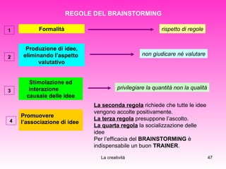 REGOLE DEL BRAINSTORMING Promuovere  l’associazione di idee Formalità rispetto di regole Produzione di idee, eliminando l’aspetto  valutativo non giudicare né valutare Stimolazione ed interazione  causale delle idee privilegiare la quantità non la qualità La seconda regola  richiede che tutte le idee vengono accolte positivamente. La terza regola  presuppone l’ascolto. La quarta regola  la socializzazione delle idee Per l’efficacia del  BRAINSTORMING  è indispensabile un buon  TRAINER . 1 2 3 4 