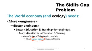 The World economy (and ecology) needs:
•More «engineers»
•«Better engineers»
• Better «Education & Training» for engineers
• More «Creativity» in Education & Training
• More «Systems Thinking» in creativity
• More «human factors» in Systems Thinking
“Storie ed esperienze di cambiamento professionale. La
creatività nelle comunità di pratiche”
5
The Skills Gap
Problem
 