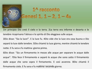 prof. Vincenzo Cremone
1In principio Dio creò il cielo e la terra. 2La terra era informe e deserta e le
tenebre ricoprivano l'abisso e lo spirito di Dio aleggiava sulle acque.
3Dio disse: "Sia la luce!". E la luce fu. 4Dio vide che la luce era cosa buona e Dio
separò la luce dalle tenebre. 5Dio chiamò la luce giorno, mentre chiamò le tenebre
notte. E fu sera e fu mattina: giorno primo.
6Dio disse: "Sia un firmamento in mezzo alle acque per separare le acque dalle
acque". 7Dio fece il firmamento e separò le acque che sono sotto il firmamento
dalle acque che sono sopra il firmamento. E così avvenne. 8Dio chiamò il
firmamento cielo. E fu sera e fu mattina: secondo giorno.
 