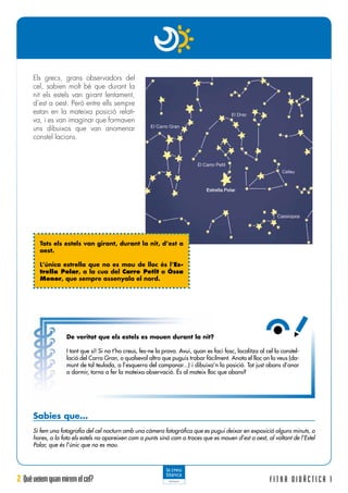 2 Quèveiemquanmiremelcel? F I T X A D I D À C T I C A 1
De veritat que els estels es mouen durant la nit?
I tant que sí! Si no t’ho creus, fes-ne la prova. Avui, quan es faci fosc, localitza al cel la constel·
lació del Carro Gran, o qualsevol altra que puguis trobar fàcilment. Anota el lloc on la veus (da-
munt de tal teulada, a l’esquerra del campanar...) i dibuixa’n la posició. Tot just abans d’anar
a dormir, torna a fer la mateixa observació. És al mateix lloc que abans?
Els grecs, grans observadors del
cel, sabien molt bé que durant la
nit els estels van girant lentament,
d’est a oest. Però entre ells sempre
estan en la mateixa posició relati-
va, i es van imaginar que formaven
uns dibuixos que van anomenar
constel·lacions.
Sabies que…
Si fem una fotografia del cel nocturn amb una càmera fotogràfica que es pugui deixar en exposició alguns minuts, o
hores, a la foto els estels no apareixen com a punts sinó com a traces que es mouen d’est a oest, al voltant de l’Estel
Polar, que és l’únic que no es mou.
Tots els estels van girant, durant la nit, d’est a
oest.
L’única estrella que no es mou de lloc és l’Es-
trella Polar, a la cua del Carro Petit o Óssa
Menor, que sempre assenyala el nord.
 