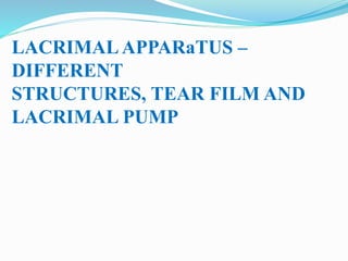 LACRIMALAPPARaTUS –
DIFFERENT
STRUCTURES, TEAR FILM AND
LACRIMAL PUMP
 