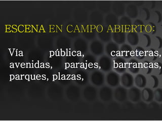 ESCENA EN CAMPO ABIERTO:
Vía pública, carreteras,
avenidas, parajes, barrancas,
parques, plazas,
 