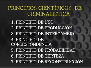PRINCIPIOS CIENTÌFICOS DE
CRIMINALISTICA
1. PRINCIPIO DE USO
2. PRINCIPIO DE PRODUCCIÓN
3. PRINCIPIO DE INTERCAMBIO
4. PRINCIPIO DE
CORRESPONDENCIA
5. PRINCIPIO DE PROBABILIDAD
6. PRINCIPIO DE CERTEZA
7. PRINCIPIO DE RECONSTRUCCIÓN
 