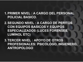 1.PRIMER NIVEL : A CARGO DEL PERSONAL
POLICIAL BASICO.
2.SEGUNDO NIVEL : A CARGO DE PERITOS
CON EQUIPOS BASICOS Y EQUIPOS
ESPECIALIZADOS (LUCES FORENSES,
LUMINOL ETC)
3.TERCER NIVEL : APOYO DE OTROS
PROFESIONALES: PSICOLÓGO, INGIENERO,
ANTROPOLOGO
 