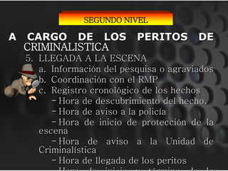 A CARGO DE LOS PERITOS DE
CRIMINALISTICA
5. LLEGADA A LA ESCENA
a. Información del pesquisa o agraviados
b. Coordinación con el RMP
c. Registro cronológico de los hechos
- Hora de descubrimiento del hecho.
- Hora de aviso a la policía
- Hora de inicio de protección de la
escena
- Hora de aviso a la Unidad de
Criminalística
- Hora de llegada de los peritos
SEGUNDO NIVEL
 