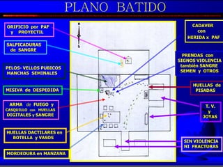 PRENDAS con
SIGNOS VIOLENCIA
también SANGRE
SEMEN y OTROS
HUELLAS de
PISADAS
PELOS- VELLOS PUBICOS
MANCHAS SEMINALES
SALPICADURAS
de SANGRE
ORIFICIO por PAF
y PROYECTIL
MISIVA de DESPEDIDA
HUELLAS DACTILARES en
BOTELLA y VASOS
T. V.
y
JOYAS
SIN VIOLENCIA
NI FRACTURAS
CADAVER
con
HERIDA x PAF
MORDEDURA en MANZANA
ARMA de FUEGO y
CASQUILLO con HUELLAS
DIGITALES y SANGRE
PLANO BATIDO
 