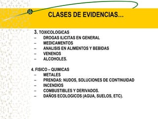 3. TOXICOLOGICAS
– DROGAS ILICITAS EN GENERAL
– MEDICAMENTOS
– ANALISIS EN ALIMENTOS Y BEBIDAS
– VENENOS
– ALCOHOLES.
4. FISICO – QUIMICAS
– METALES
– PRENDAS: NUDOS, SOLUCIONES DE CONTINUIDAD
– INCENDIOS
– COMBUSTIBLES Y DERIVADOS.
– DAÑOS ECOLOGICOS (AGUA, SUELOS, ETC).
CLASES DE EVIDENCIAS…
 