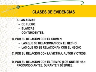 5. LAS ARMAS
– DE FUEGO
– BLANCAS
– CONTUNDENTES.
B. POR SU RELACIÓN CON EL CRIMEN
– LAS QUE SE RELACIONAN CON EL HECHO.
– LAS QUE NO SE RELACIONAN CON EL HECHO
C. POR SU RELACION CON LA VICTIMA, AUTOR Y OTROS.
D. POR SU RELACION CON EL TIEMPO (LOS QUE SE HAN
PRODUCIDO ANTES, DURANTE Y DESPUES.
CLASES DE EVIDENCIAS
 