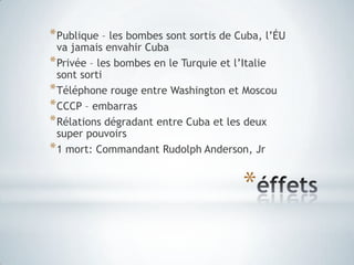 éffetsPublique – les bombes sontsortis de Cuba, l’ÉUvajamaisenvahir CubaPrivée – les bombes en le Turquie et l’ItaliesontsortiTéléphone rouge entre Washington et MoscouCCCP – embarrasRélationsdégradant entre Cuba et les deux super pouvoirs1 mort: Commandant Rudolph Anderson, Jr
