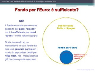 www.quattrogatti.info La crisi dell’Euro. Parte seconda: le politiche di salvataggio – Novembre 2011 Fondo per l’Euro: è sufficiente? NO! Il  fondo  era stato creato come supporto per  paesi “piccoli” ma è  insufficiente  per  paesi “grossi”  come Italia e Spagna Si sta pensando ad un meccanismo in cui il fondo dia solo una  garanzia parziale  in modo da supportare debiti per  1000 mld€ , ma i mercati hanno già bocciato questa soluzione Fondo per l’Euro Debito totale  Italia + Spagna Debiti Grecia + Portogallo + Irlanda 